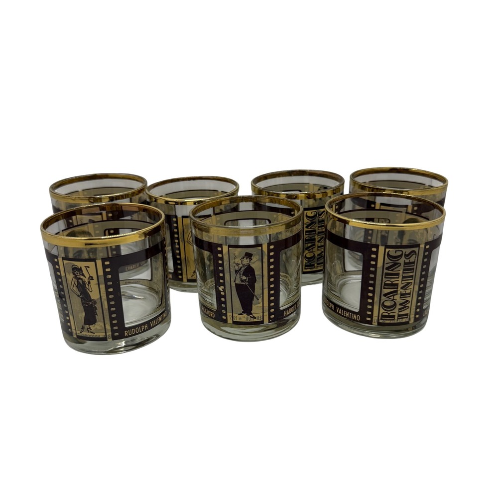 Vintage Houze Art Roaring Twenties Rocks Glasses Gold Rim‎ Silent Film Stars 7